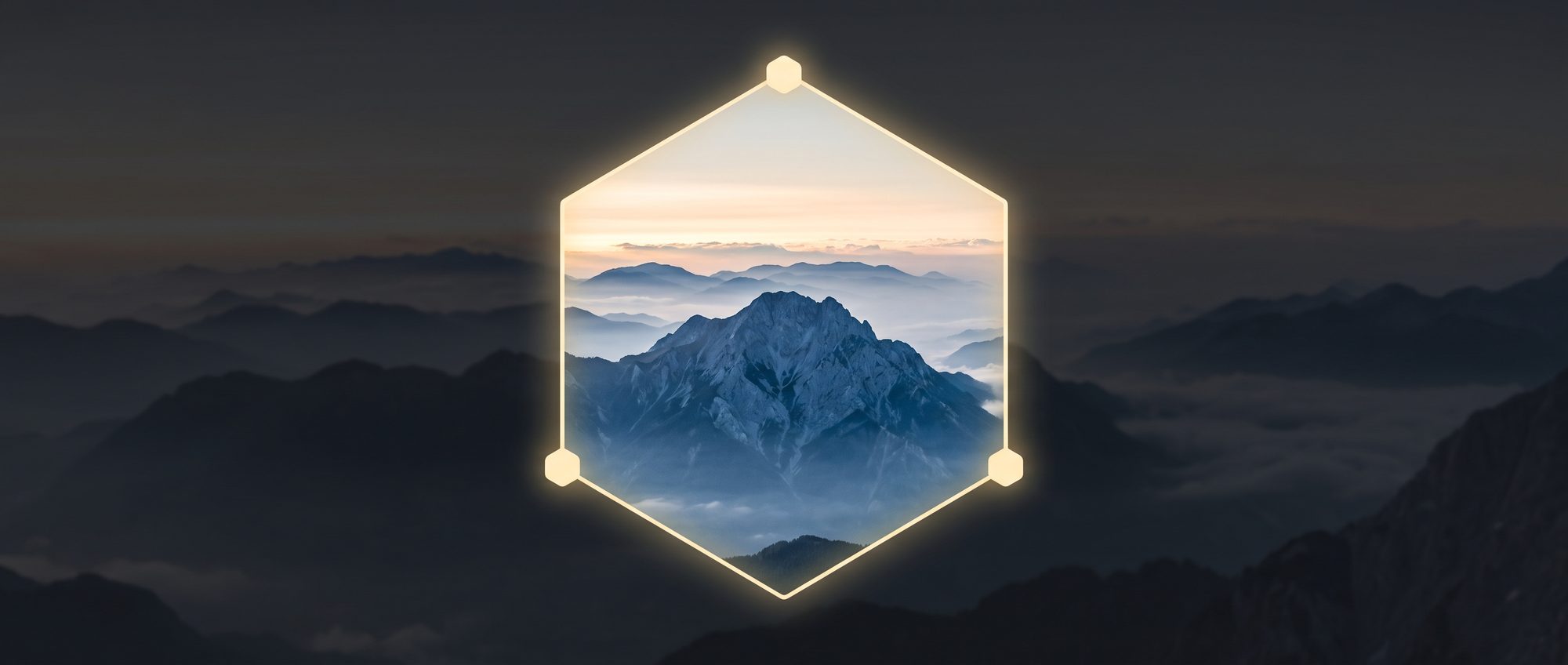 A glowing gold hexagon framing a single mountain peak above a sea of fog