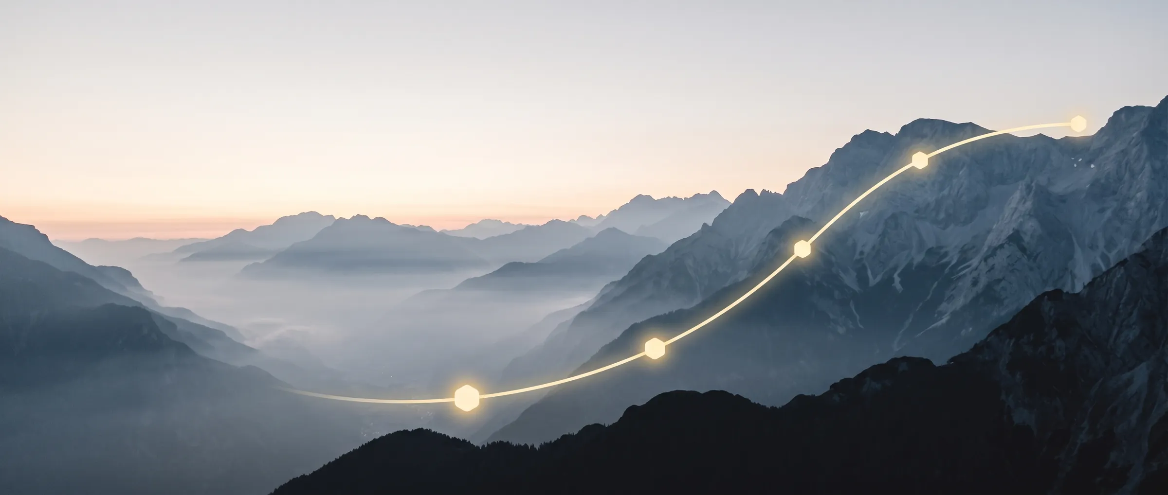 A glowing gold path climbing through misty mountains toward the summit, marked by hexagon waypoints