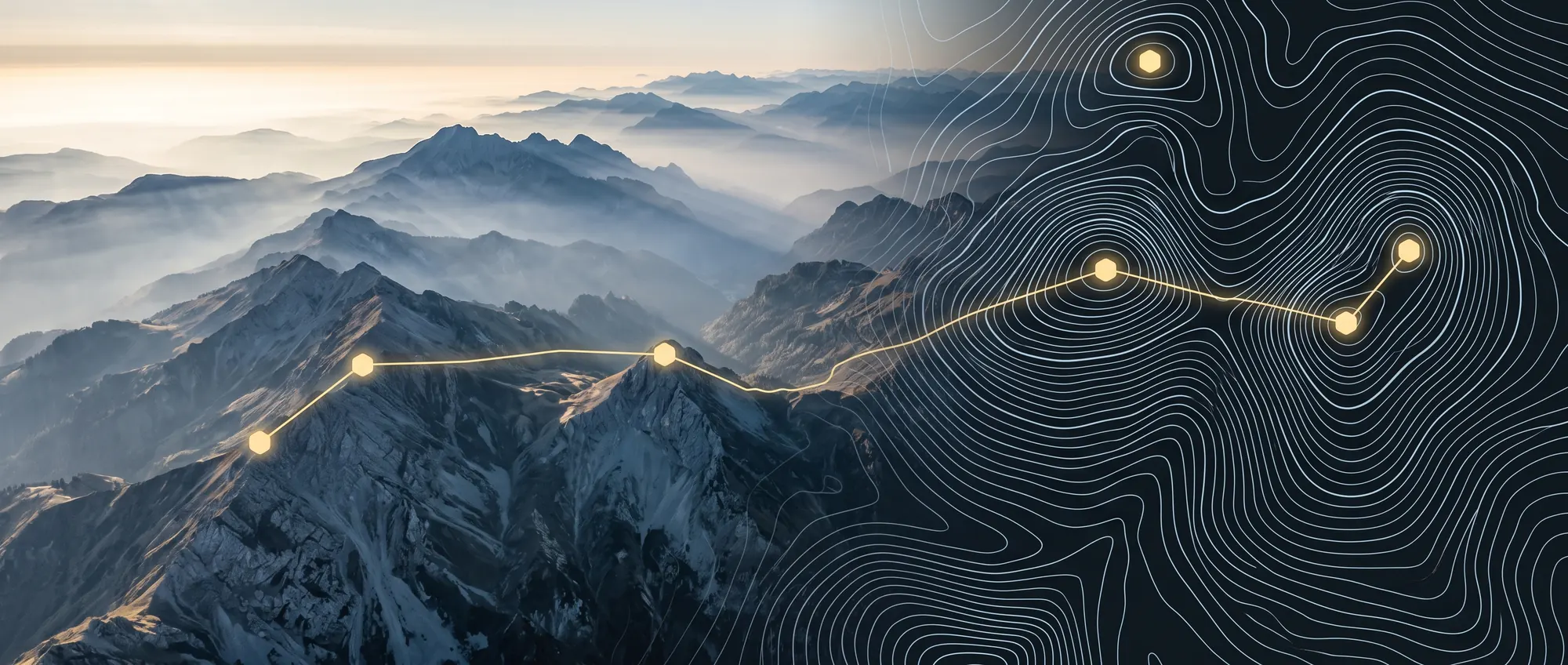 A glowing gold path crossing misty mountains into a contour map